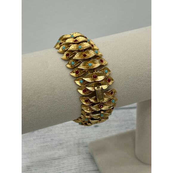 Vintage French Gold Plated Bracelet Turquoise Beads & Garnet Foldover Clasp - Picture 3 of 10